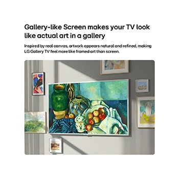 LG Gallery TV AI with frame LX7 ART TV featuring Dynamic QNED Color displays a close-up of richly textured painting artwork, where intensified reds, yellows, and greens highlight its 100% Color Volume, bringing art to life.